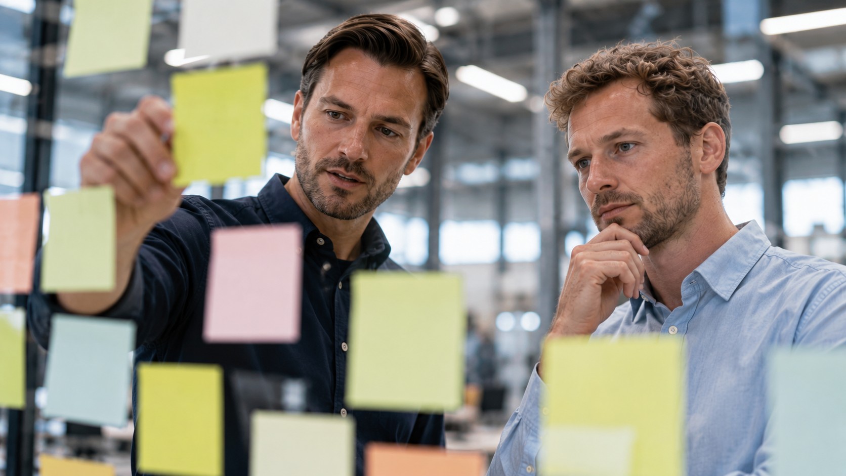 Zwei Kollegen ordnen am Glasboard farbige Haftnotizen und besprechen gemeinsam Ideen.