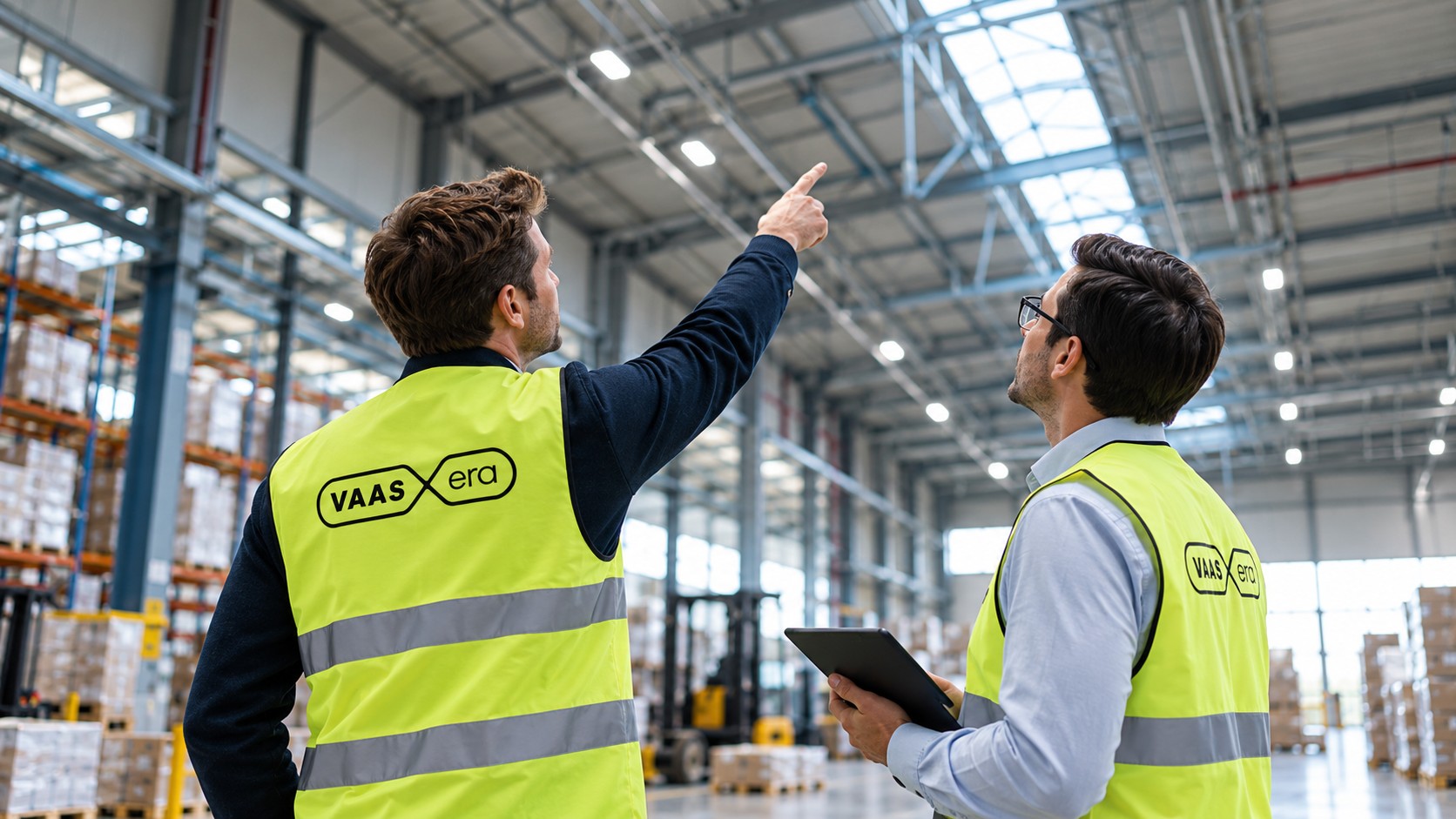 Zwei Männer in Warnwesten mit VAASERA-Logo inspizieren die Dachkonstruktion eines Logistiklagers, einer hält ein Tablet.